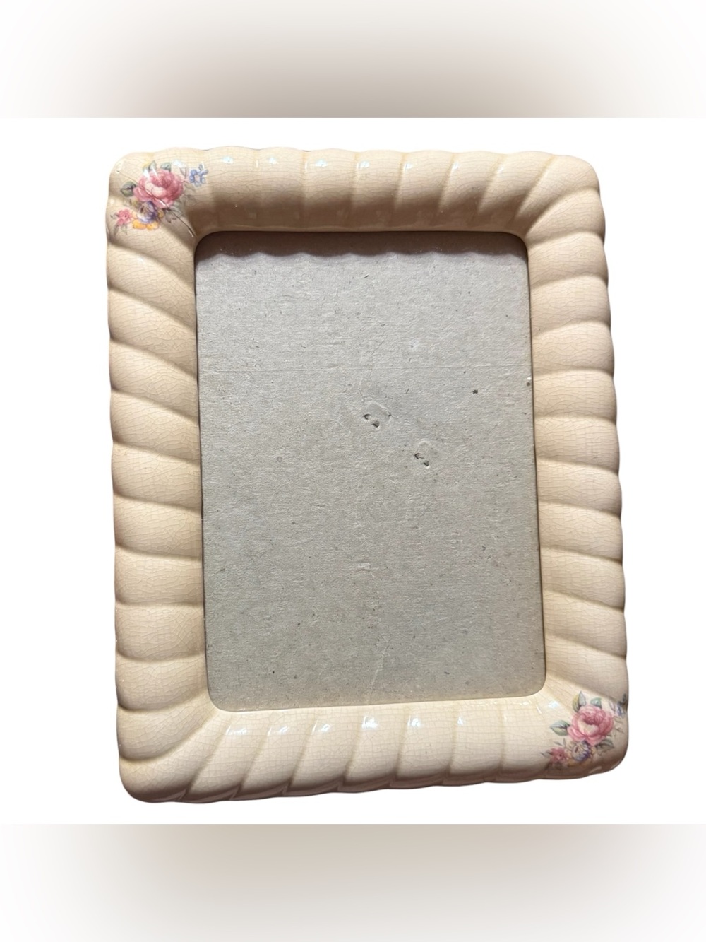 Vintage Ceramic Picture Frame Beige Porcelain Pink Rose Crackled Glaze Cottage